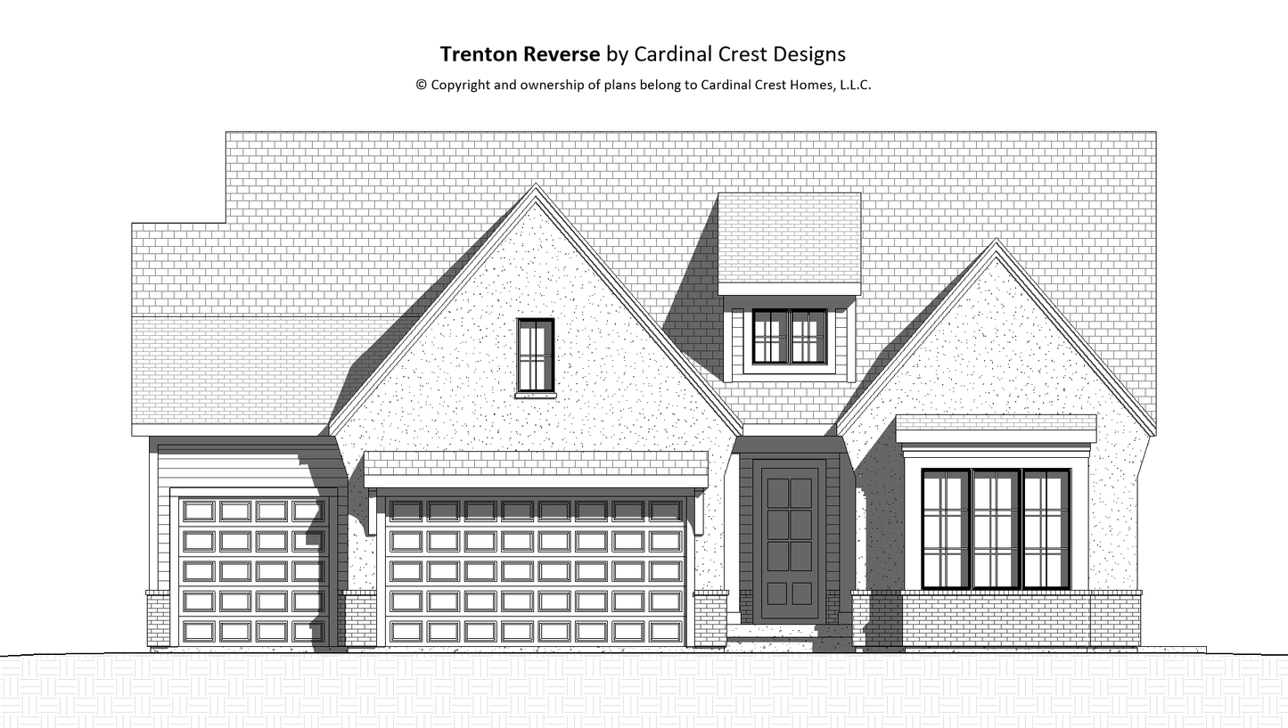 A black and white drawing of a front elevation of a single story home.