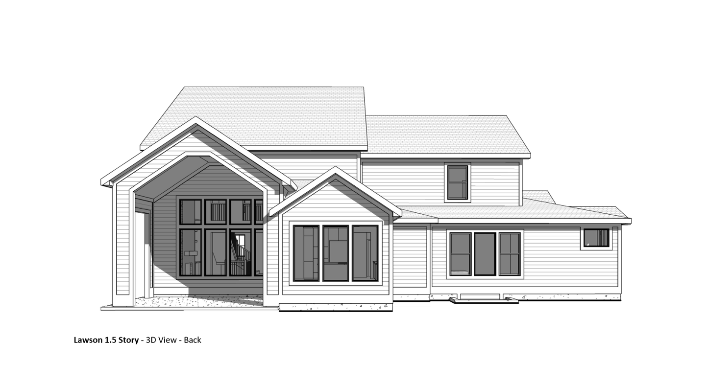A 3D view of the back elevation of a custom home in a blueprint.