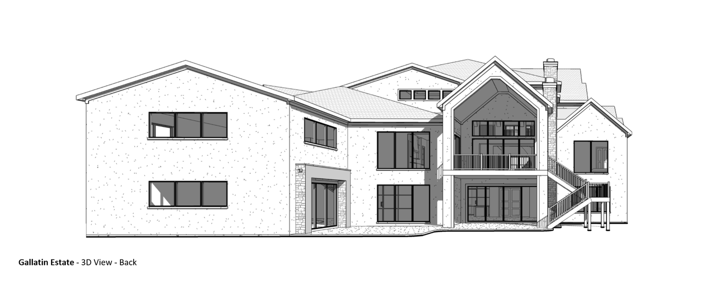 3D view of the back of a custom home in the European style of architecture.