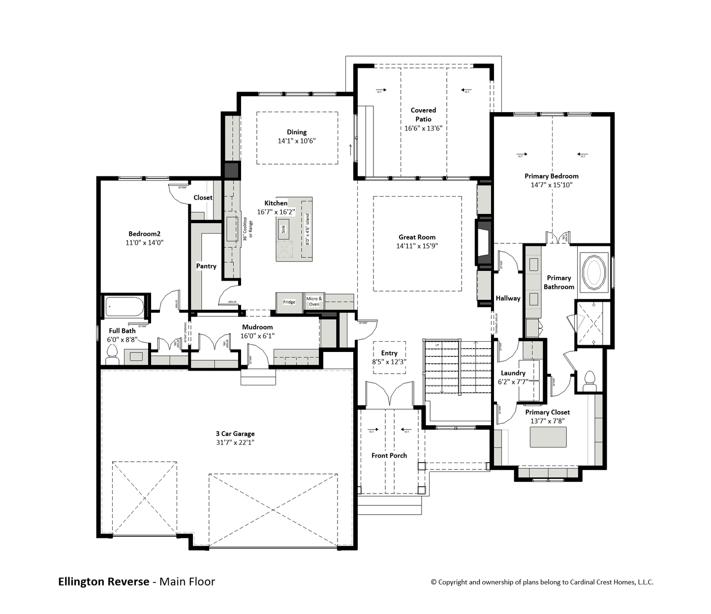Rendering of the main floor of a home with bedrooms and living areas.