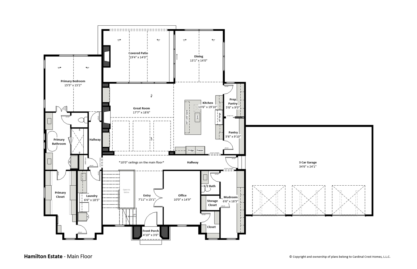 Rendering of the main floor of a custom home floor plan with great room and office.