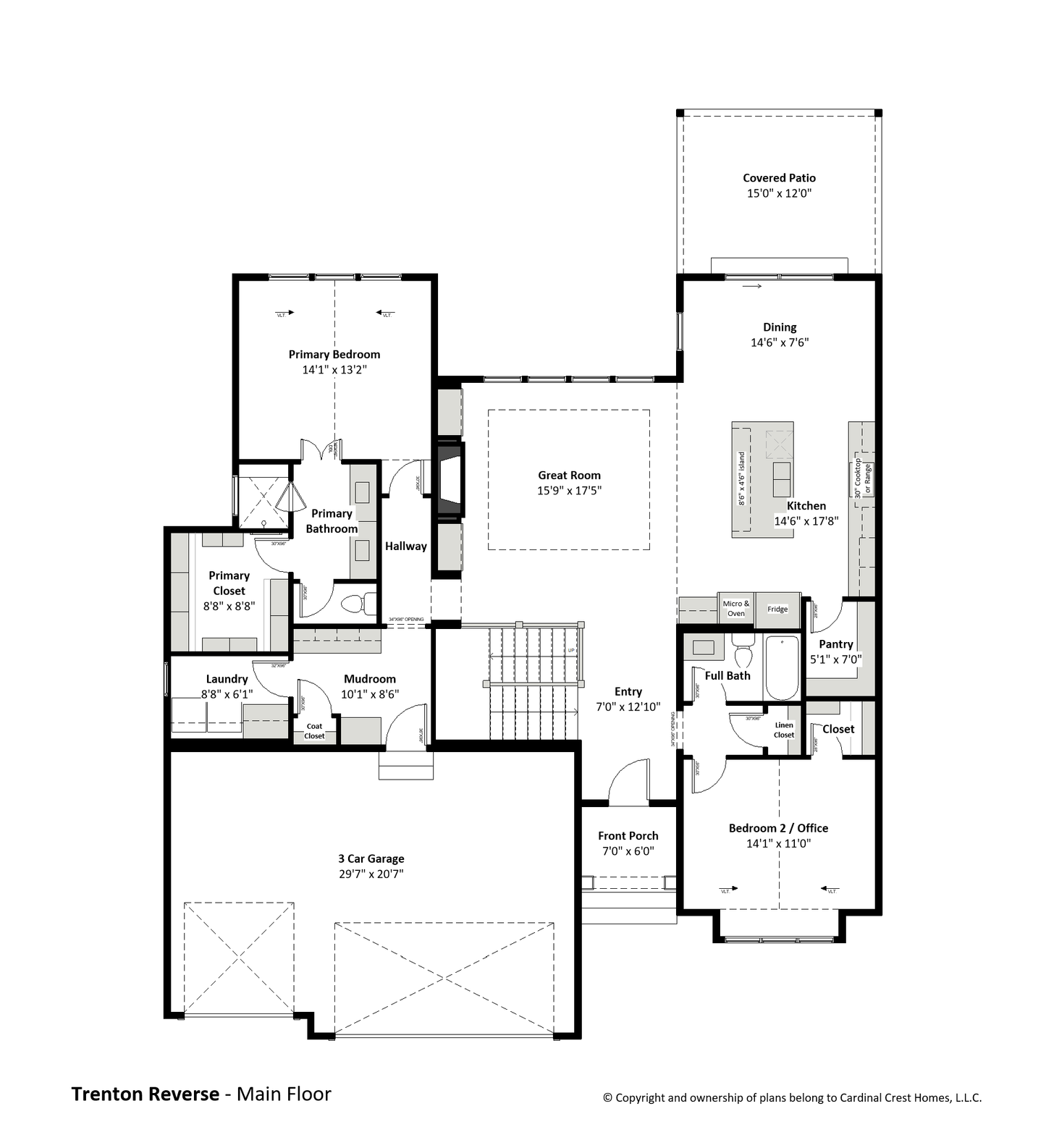 A black and white rendering of the main floor of a home.