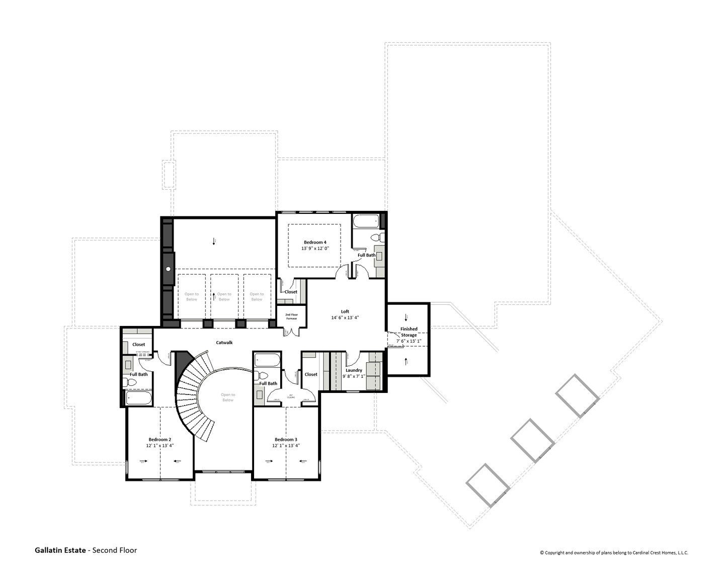Rendering of the second floor of a custom house floor plan with bedrooms and loft.