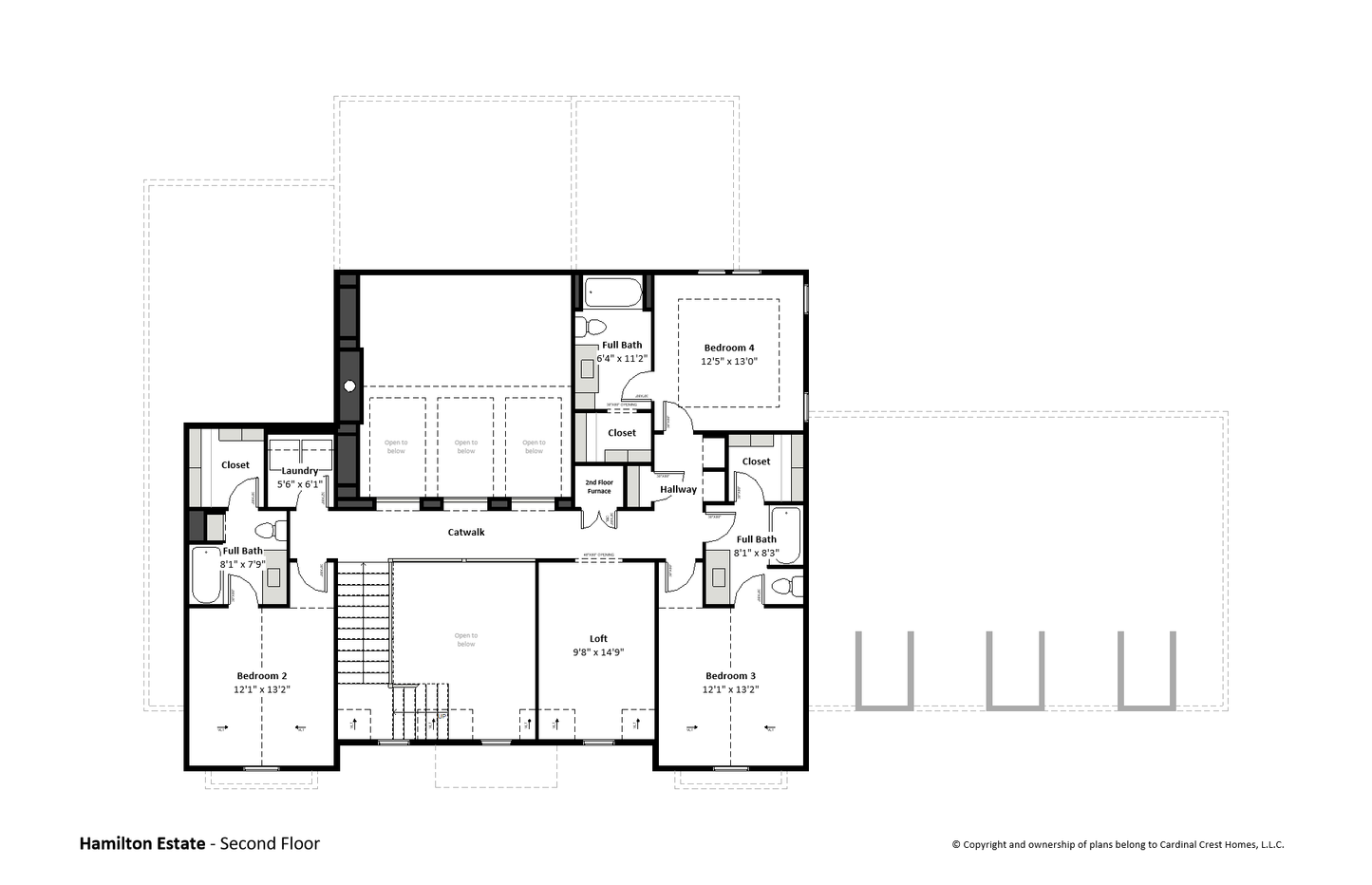 Black and white drawing of the second floor of a house with bedrooms and loft.