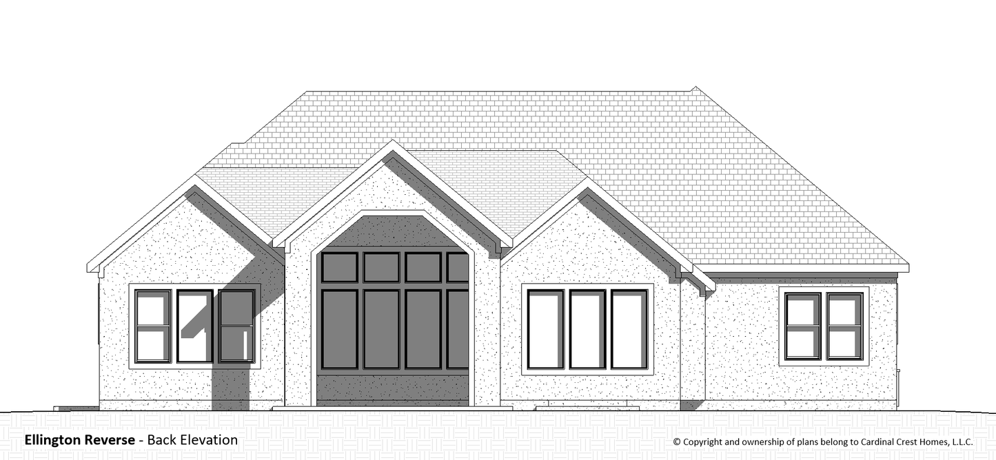 Black and white drawing of the back of a house.
