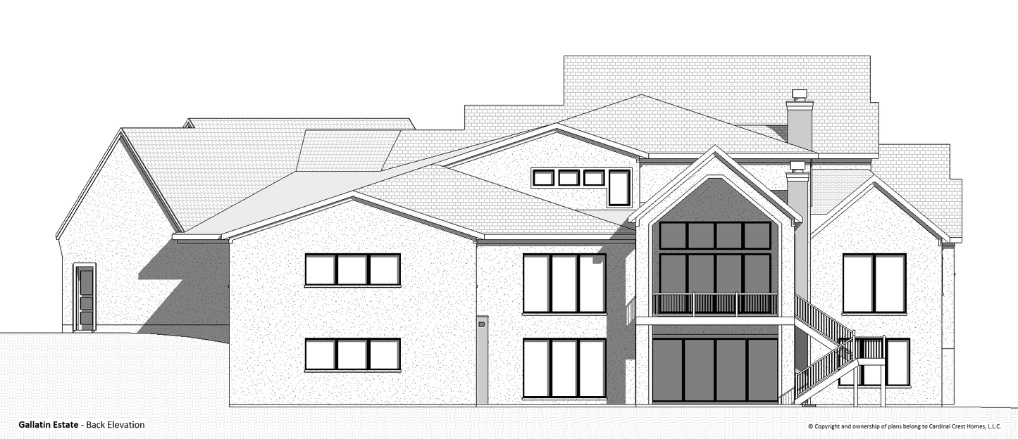 Rendering of the back elevation of a custom home floor plan with windows and back deck.
