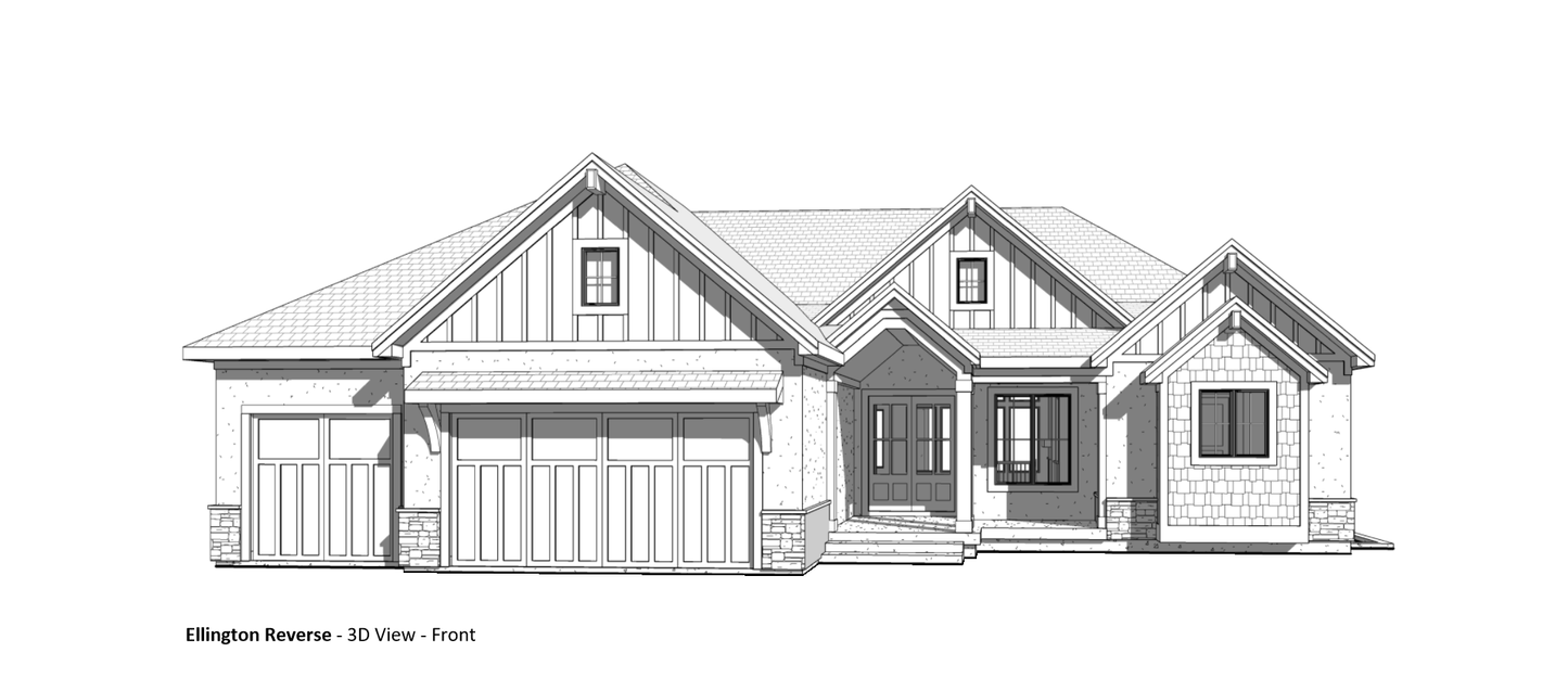 3D view in black and white of the front view of a custom home.