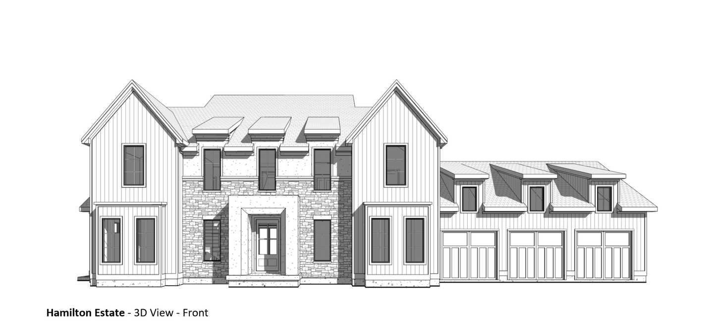 3D view of the front of a custom home floor plan.
