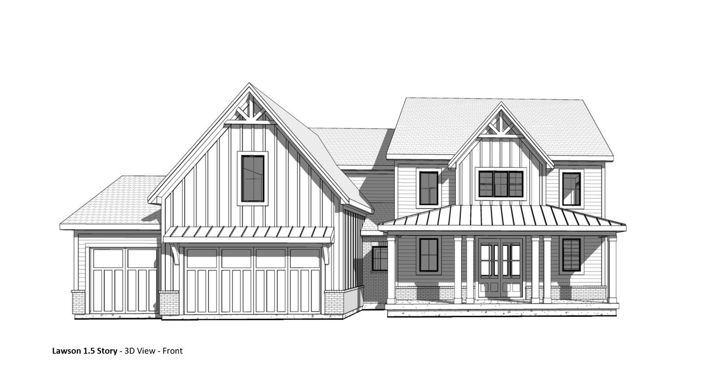A 3D view of the front of a drawing of a house built in the farmhouse style of architecture.