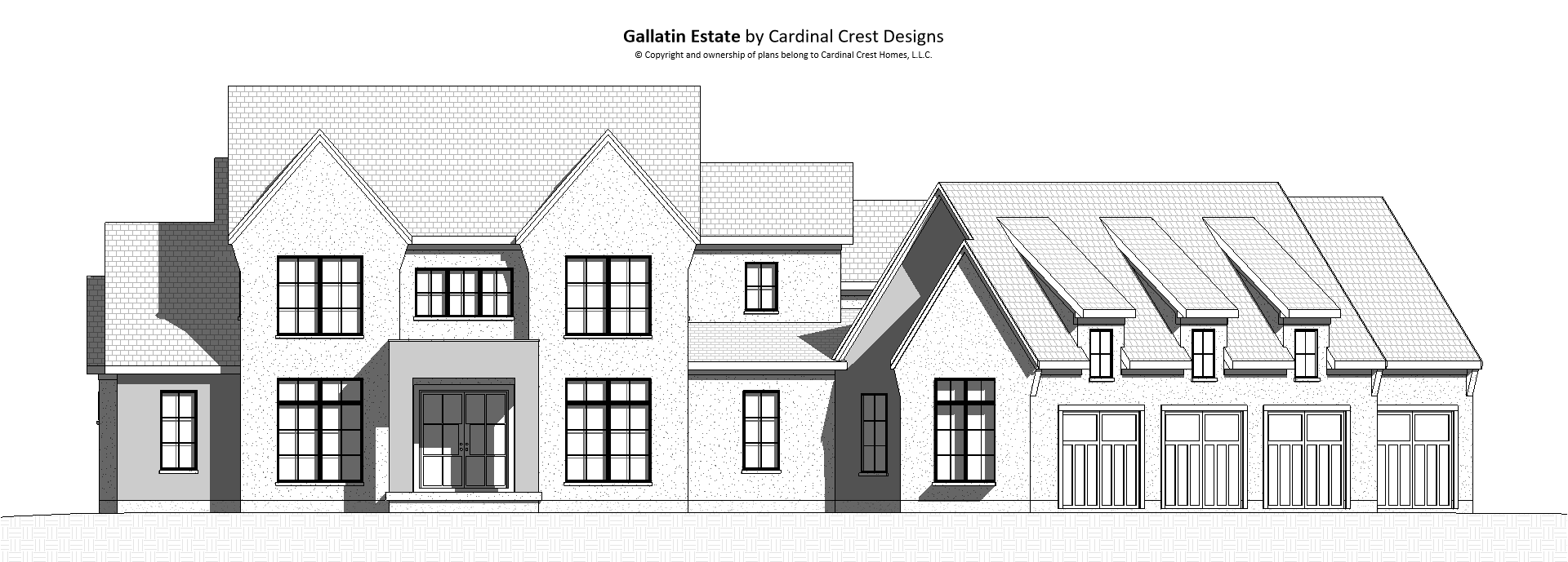 Drawing of the front of a European style of architecture custom home.