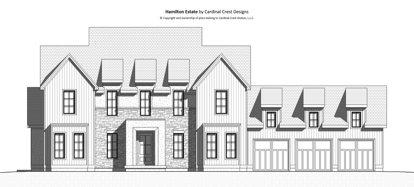 Black and white rendering of the front of a modern cottage and European style custom house.