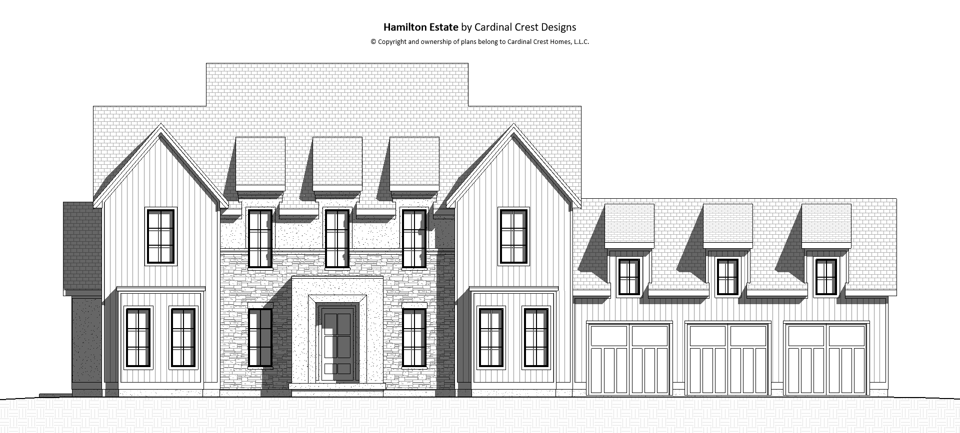 Black and white rendering of the front of a modern cottage and European style custom house.