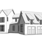 3D view of the garage side of a custom home in the French Country and European style of architecture. 