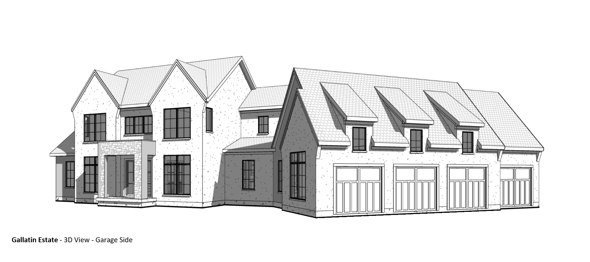 3D view of the garage side of a custom home in the French Country and European style of architecture. 