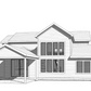 3D view of the back of a home with windows and patio.