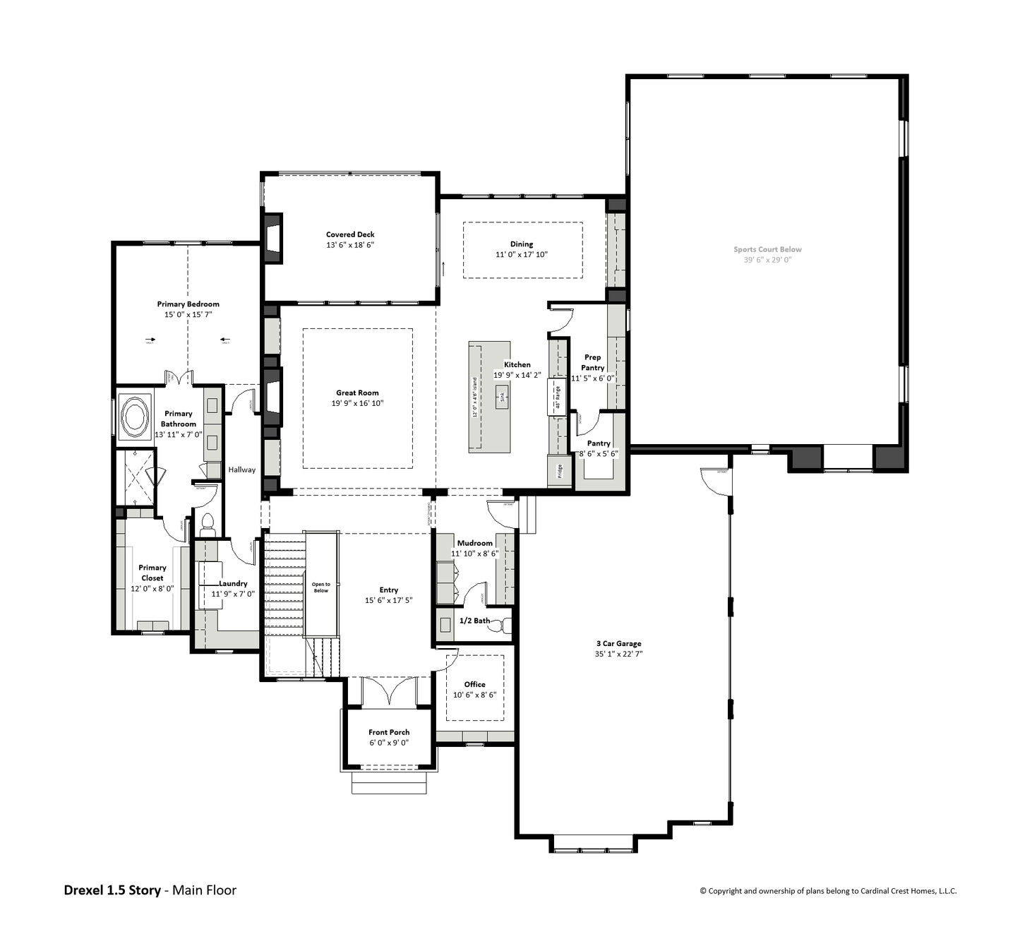 Rendering of the main floor of a custom home with a great room, office, kitchen, bedroom, bathroom, dining area, and garage.