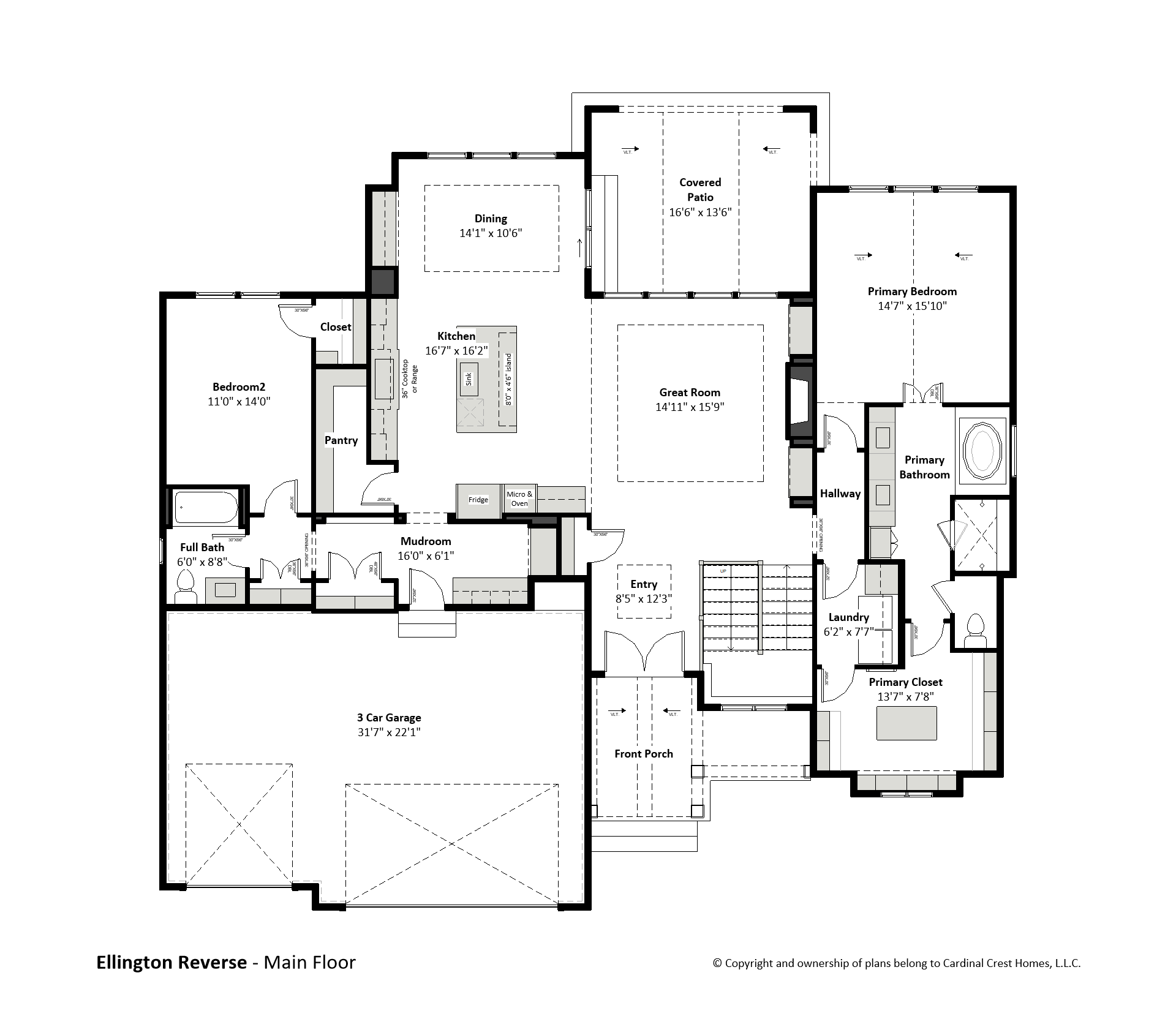 Rendering of the main floor of a home with bedrooms and living areas.
