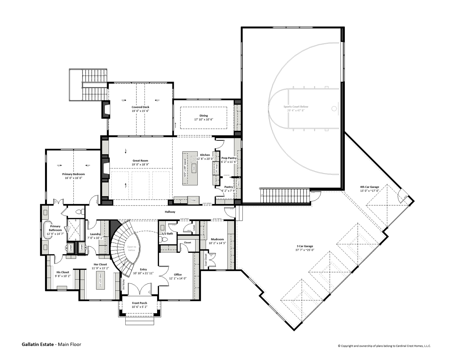 Drawing of the main floor of a custom home in a blueprint with bedrooms, kitchen, office, and prep pantry.