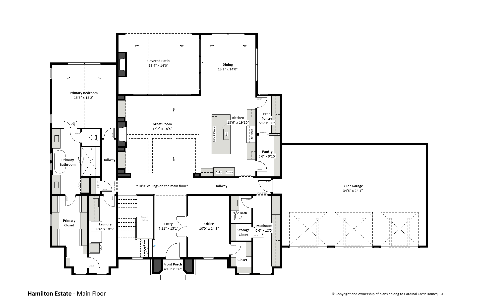 Rendering of the main floor of a custom home floor plan with great room and office.