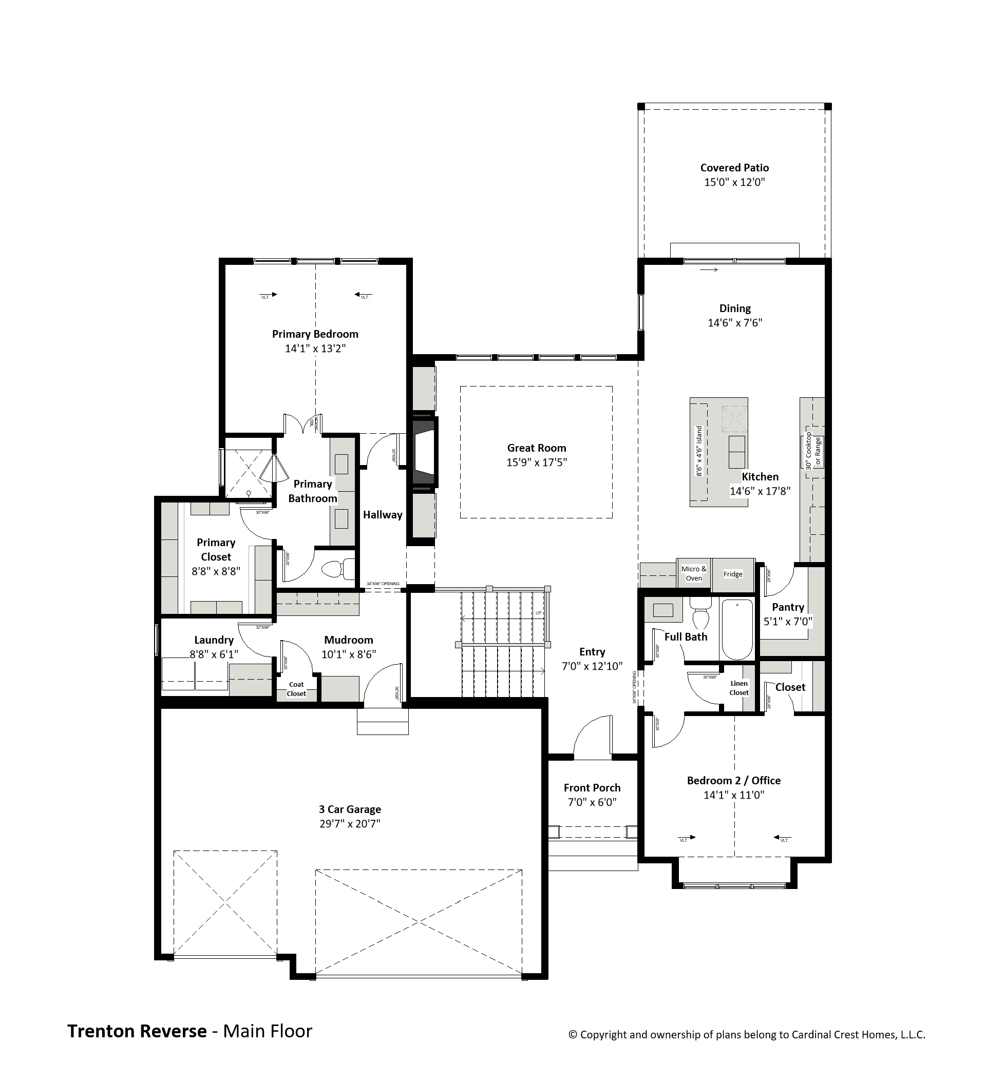 A black and white rendering of the main floor of a home.