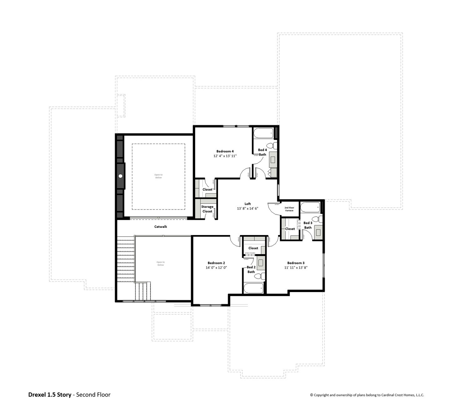Drawing of the second floor of a custom home with bedrooms and loft.