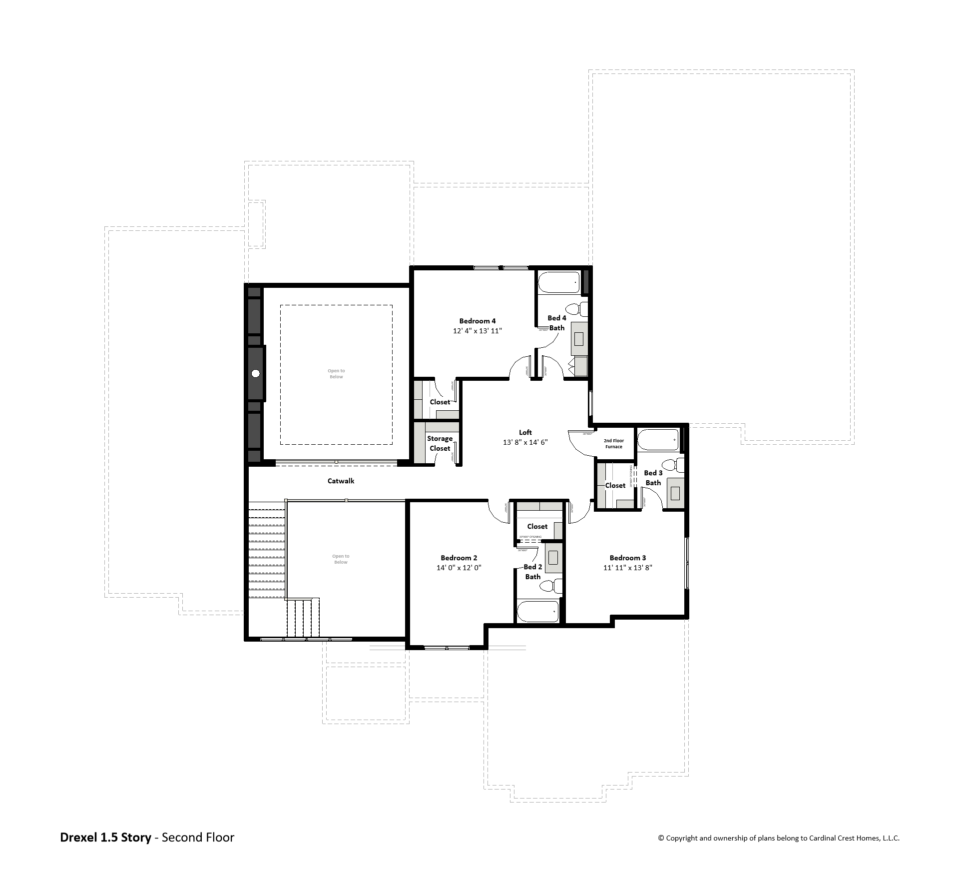 Drawing of the second floor of a custom home with bedrooms and loft.