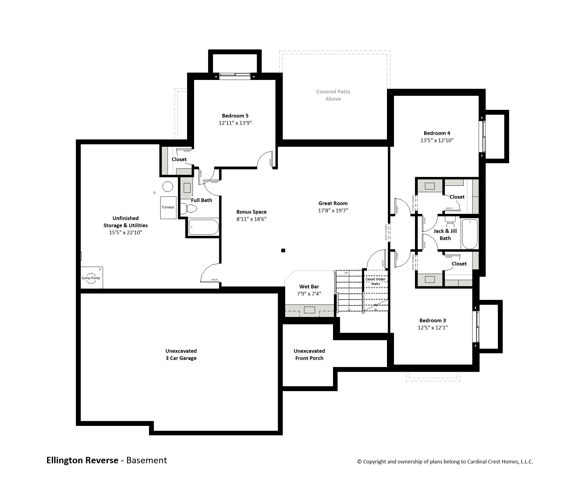 Rendering of the basement of a home with a wet bar, bedrooms, and Jack and Jill bathroom.
