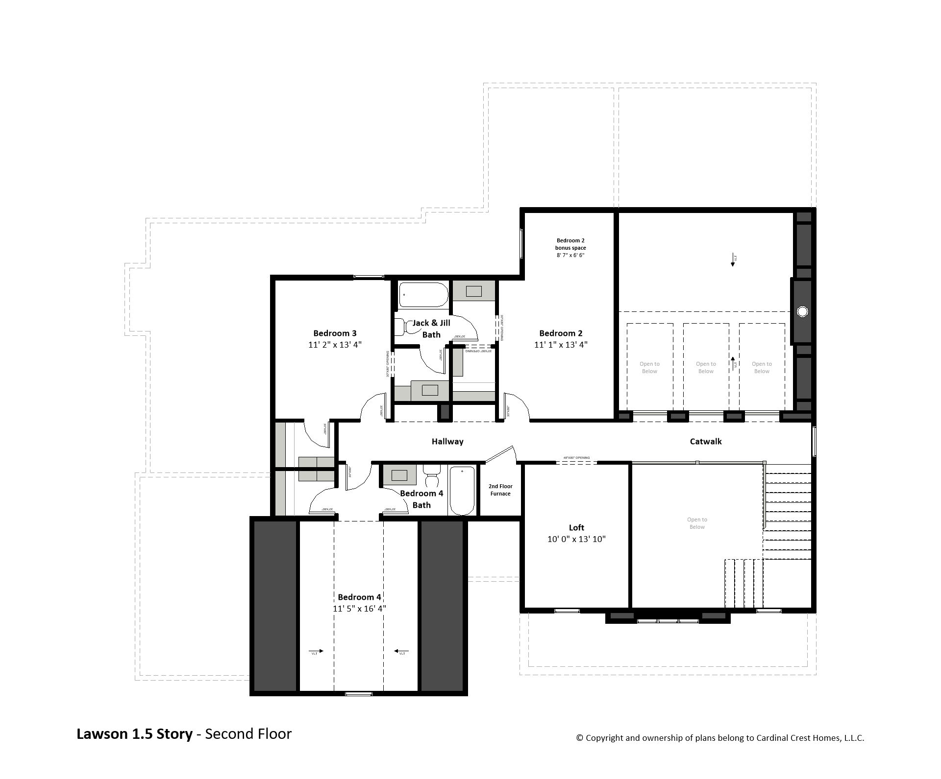 A view of the second floor of a custom home plan drawn in a blueprint.