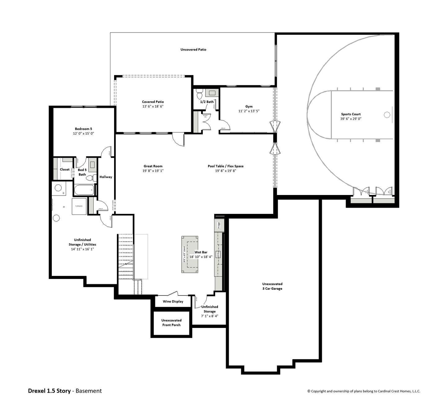 Rendering of the basement of a custom home with wet bar, great room, wine display, and sports court.
