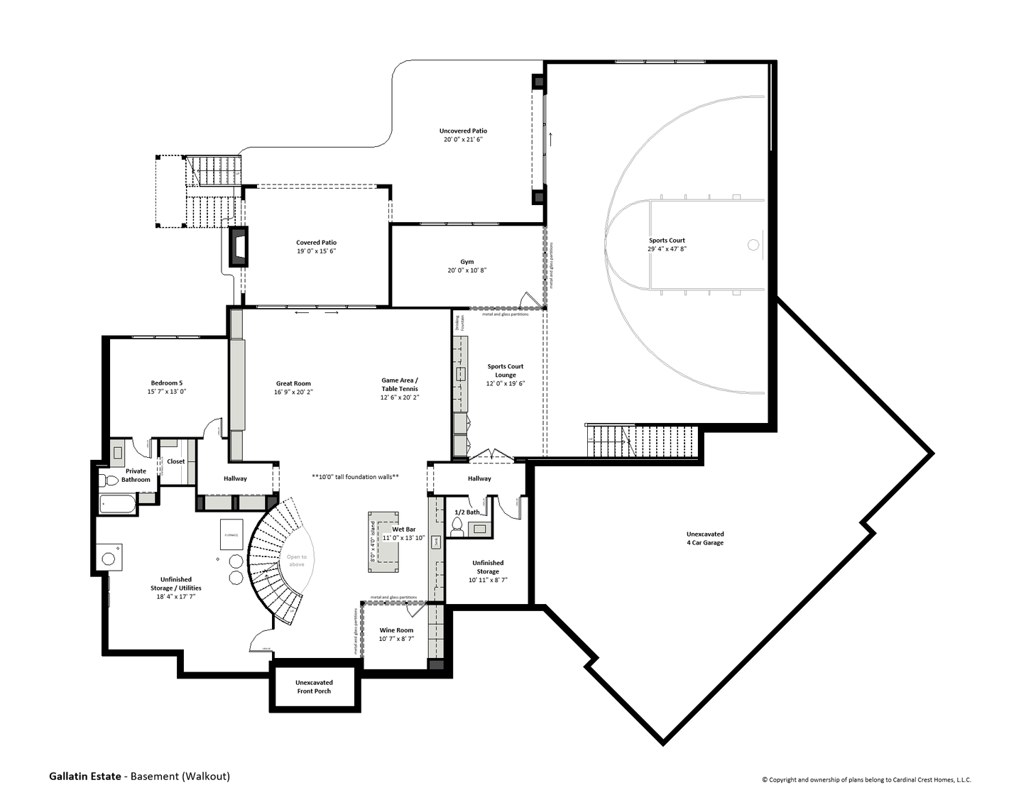 Drawing of a walkout basement in a custom home with sports court, bedrooms, gym, wet bar, and great room.