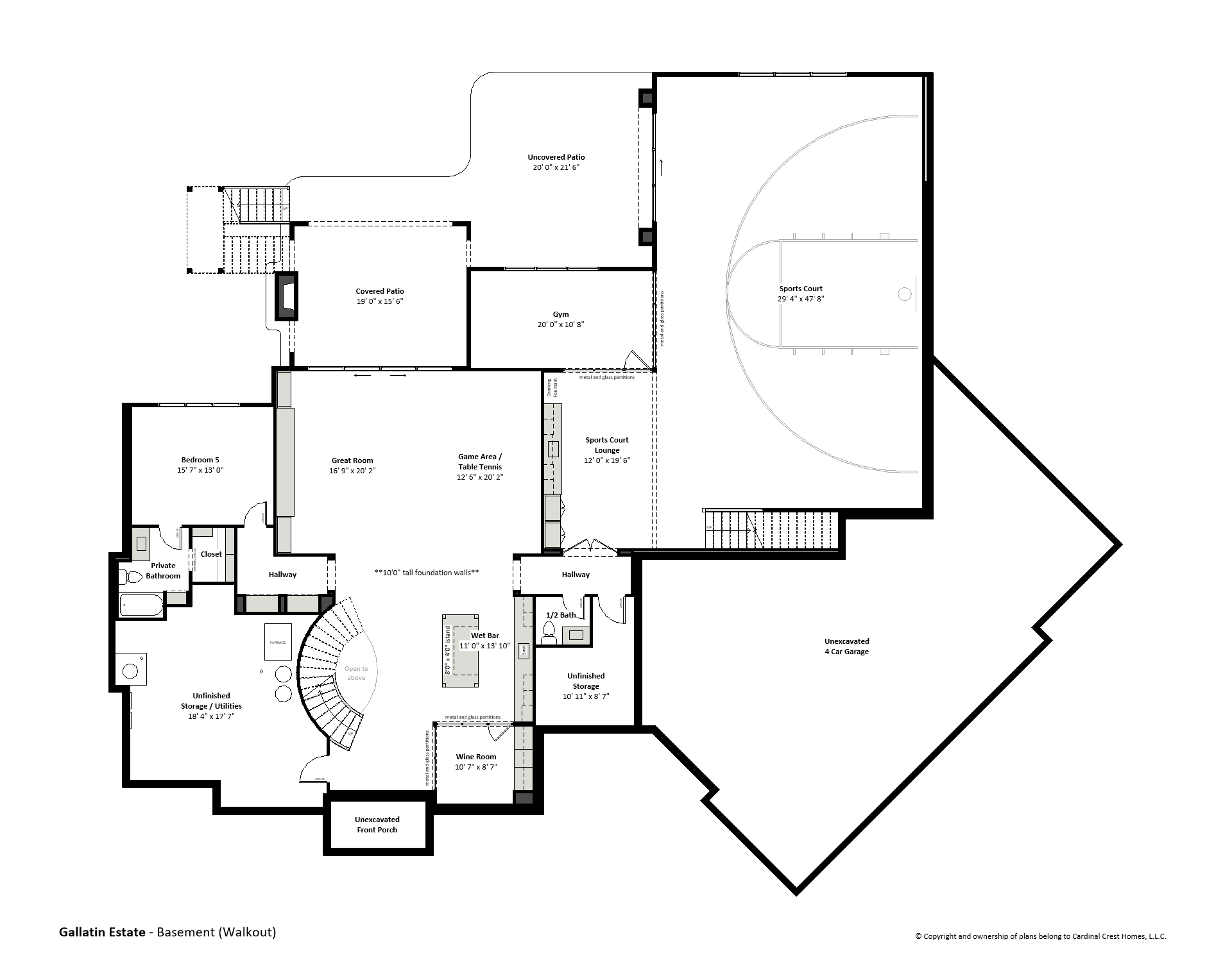 Drawing of a walkout basement in a custom home with sports court, bedrooms, gym, wet bar, and great room.
