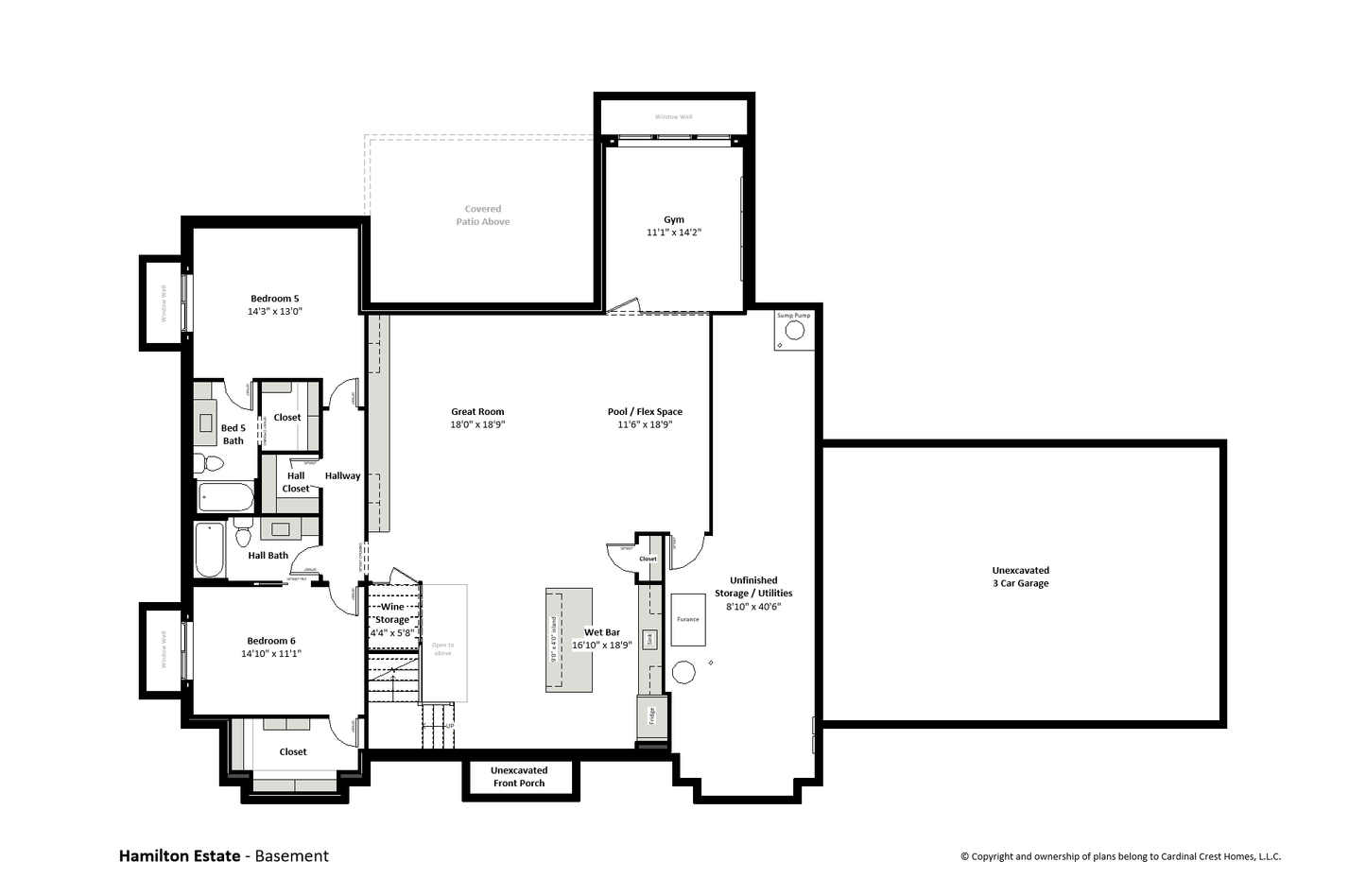 Blueprint of the basement of a custom home with bedrooms and a gym.