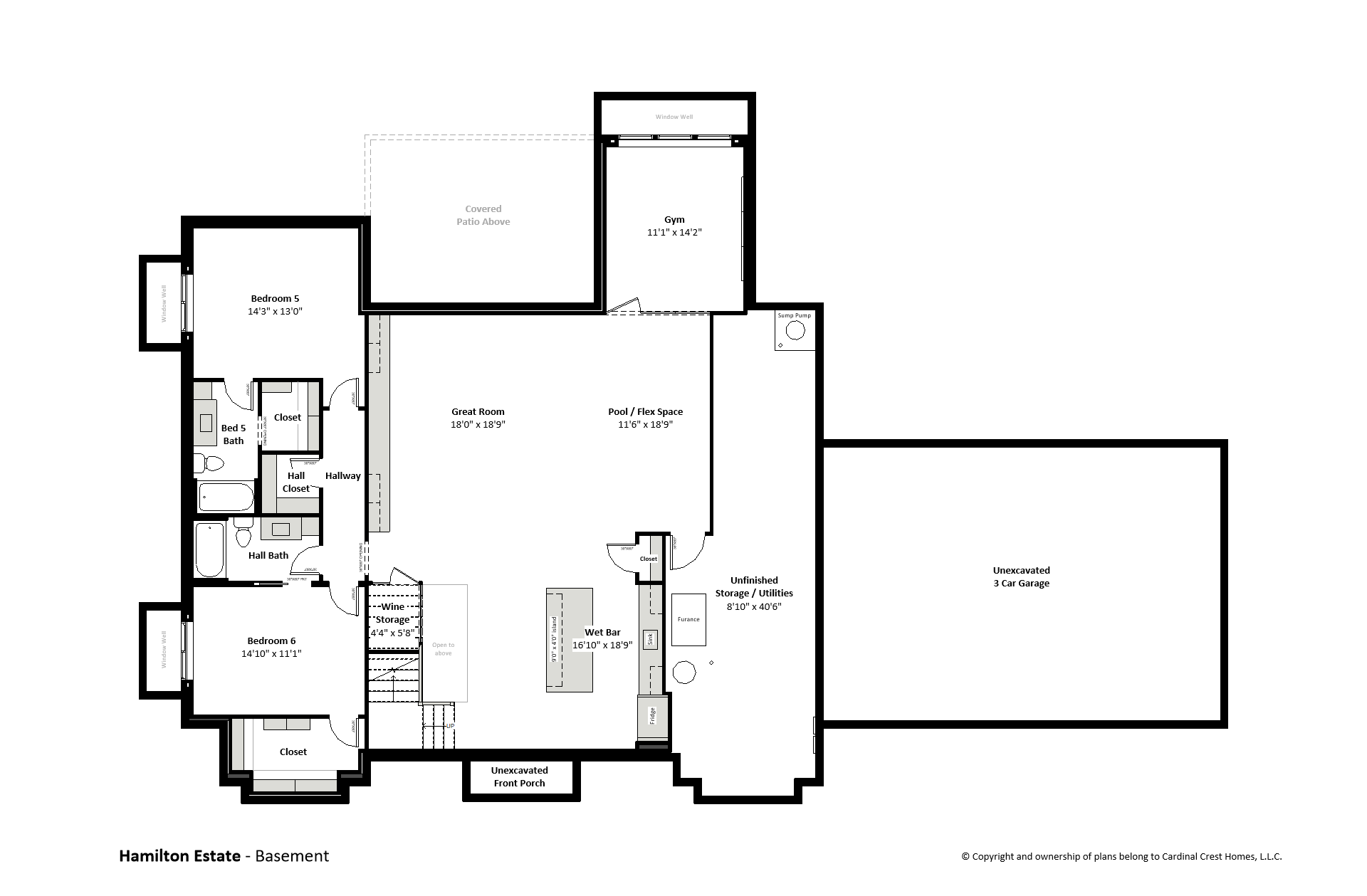 Blueprint of the basement of a custom home with bedrooms and a gym.