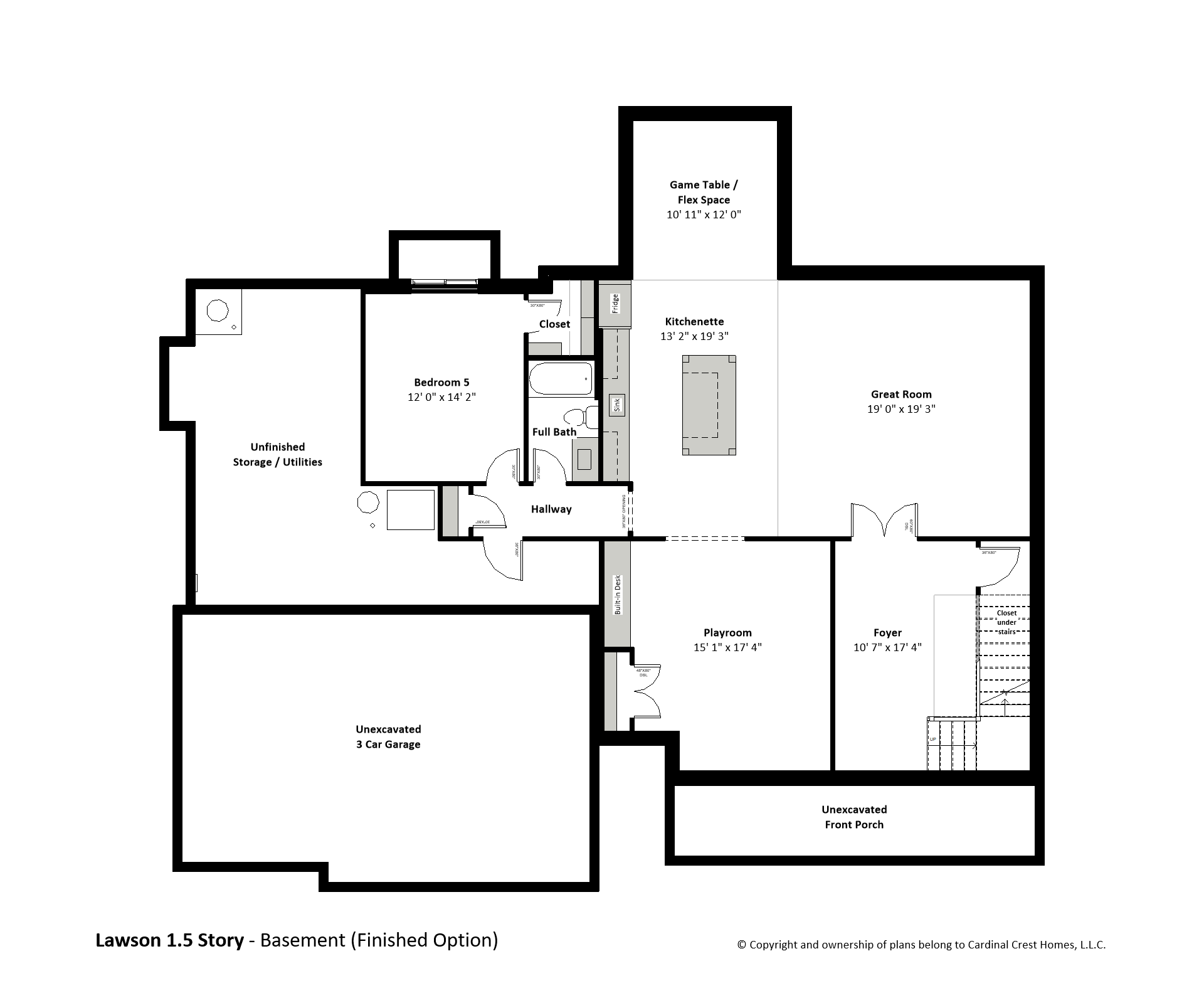 A black and white rendering of a finished basement in a custom floor plan.