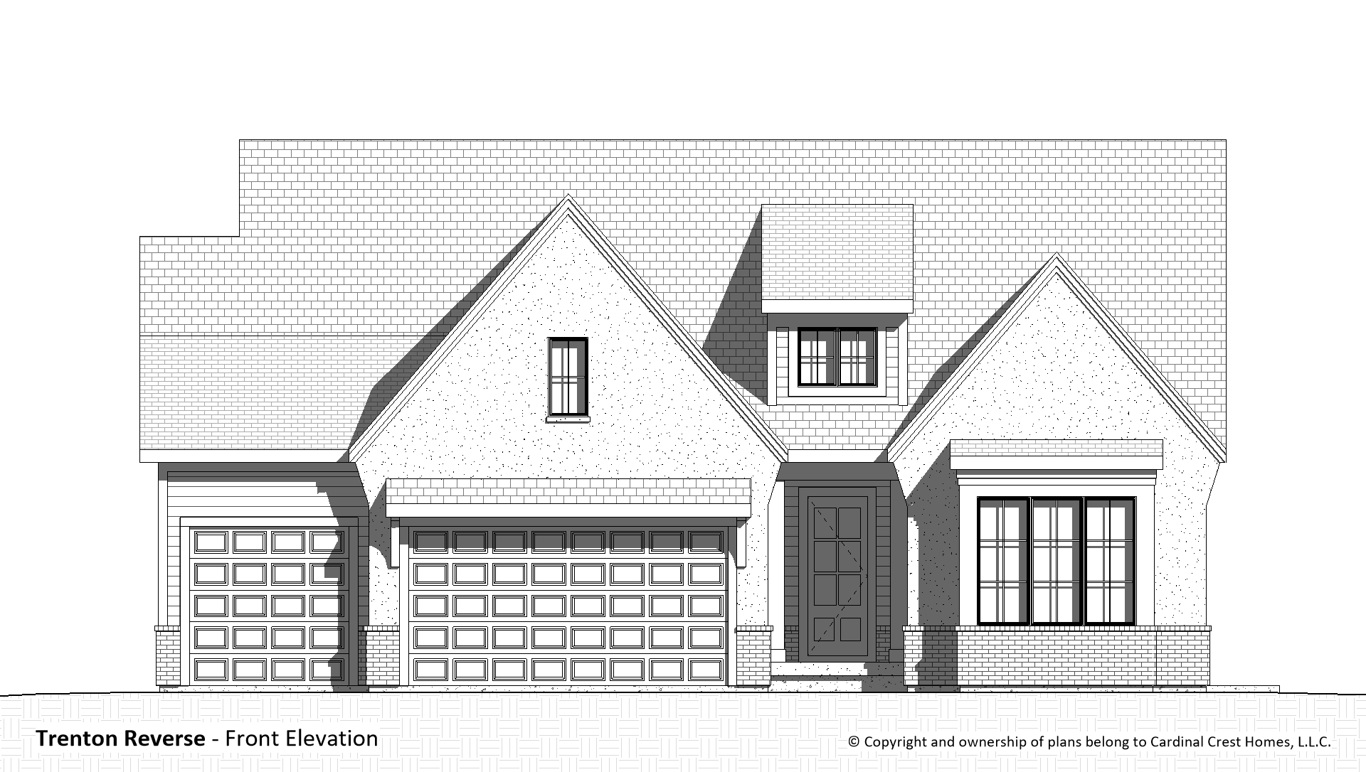 A drawing of a blueprint showing the front elevation of a french country house.