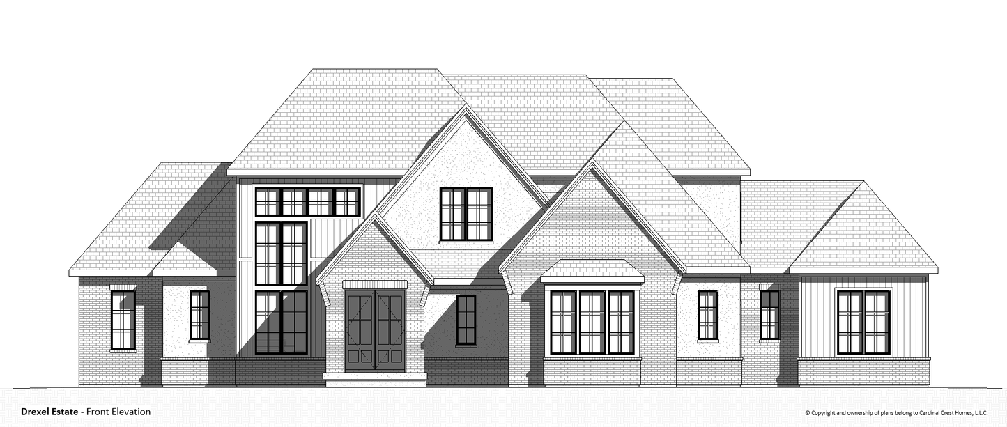Black and white drawing of the front elevation of a custom home in the Cottage style of architecture.