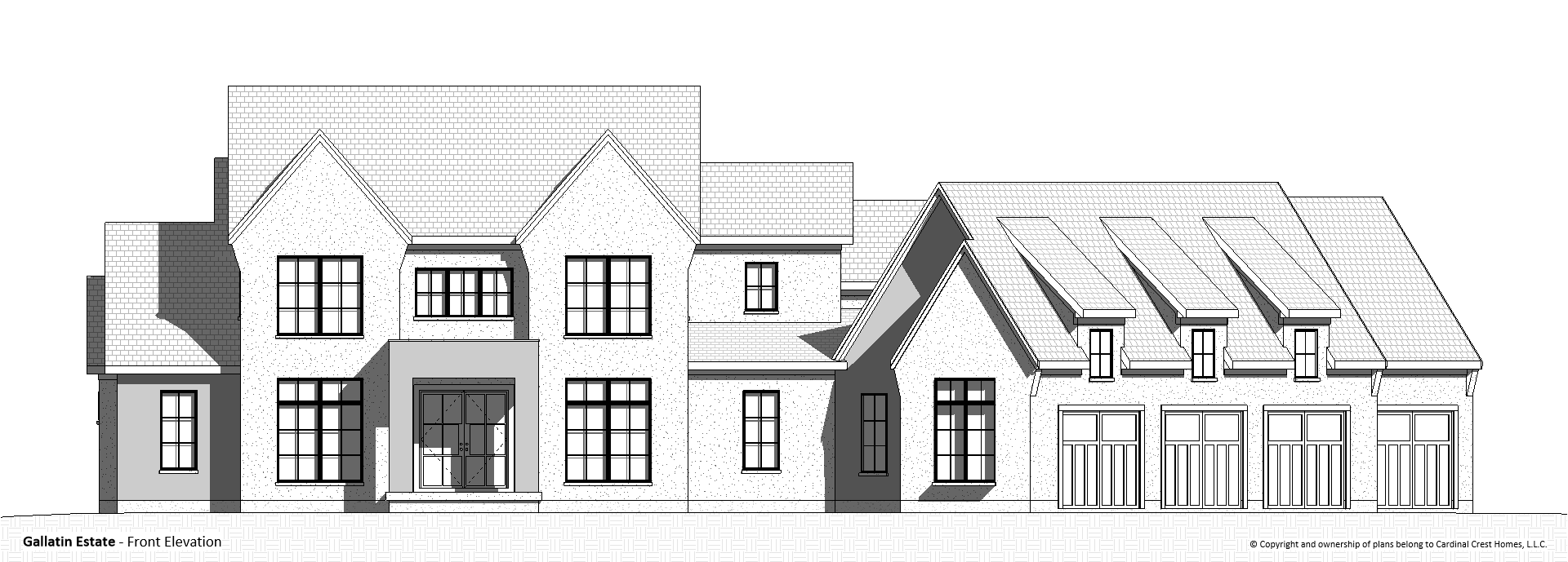 Drawing of the front elevation of a custom house in the European and French Country style of architecture.