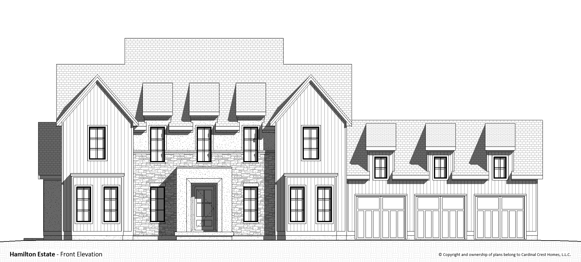 Rendering of the front elevation of a custom home in the craftsman style.