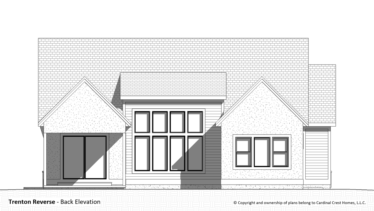 A black and white rendering of the back elevation of a home.