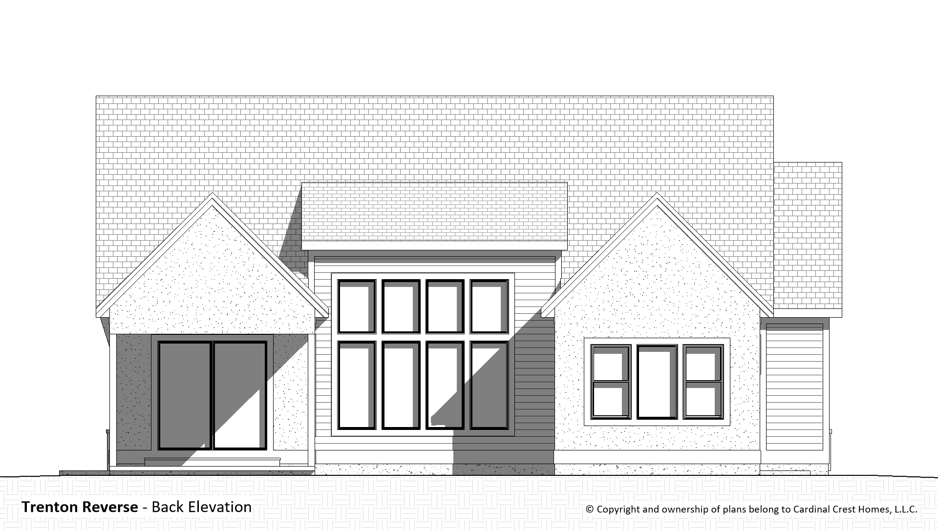 A black and white rendering of the back elevation of a home.