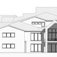 Rendering of the back elevation of a custom home floor plan with windows and back deck.
