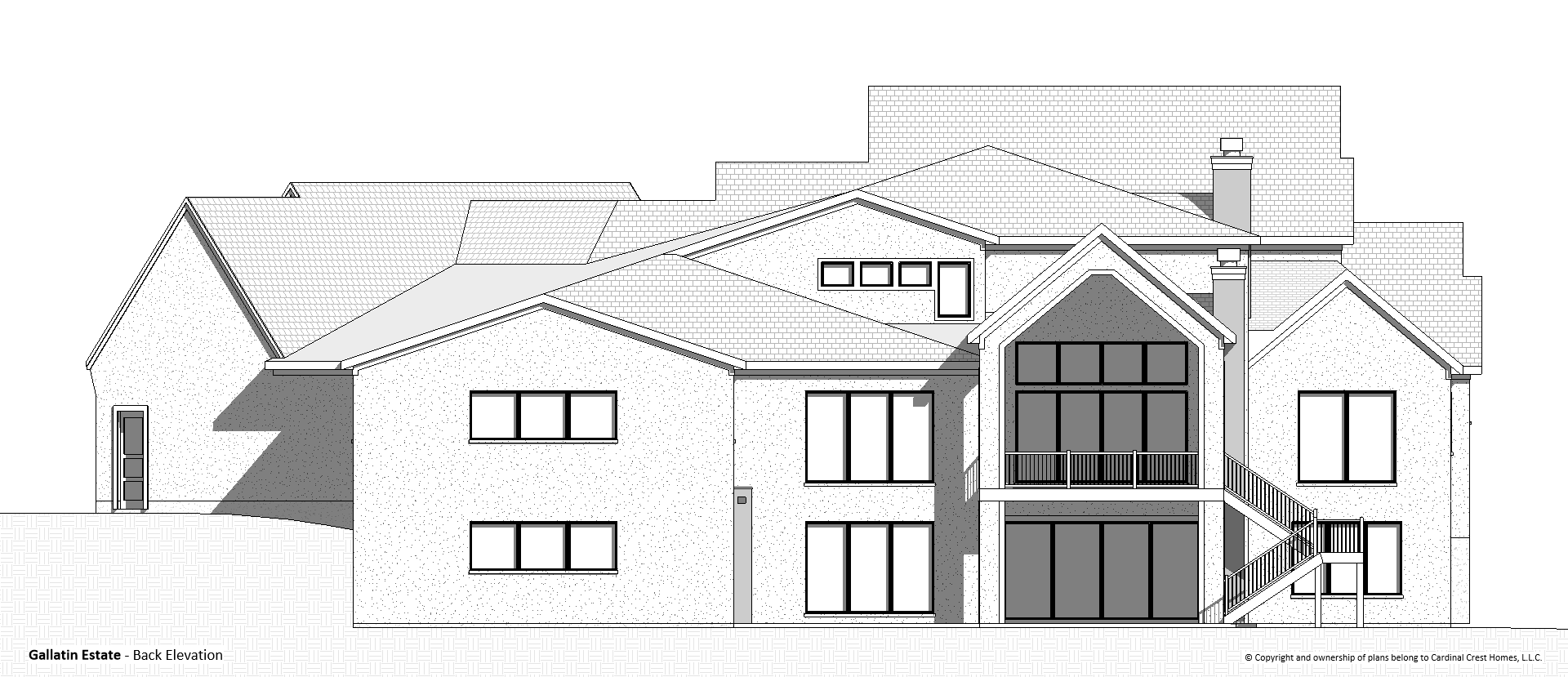 Rendering of the back elevation of a custom home floor plan with windows and back deck.