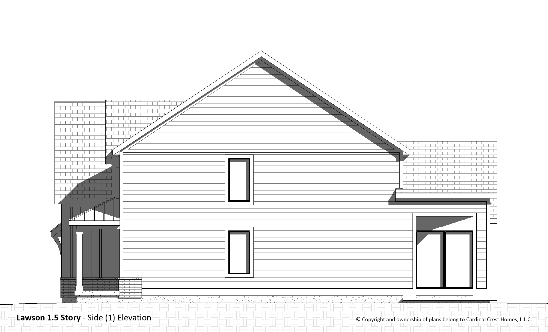 A drawing of a side elevation of a home in a blueprint.