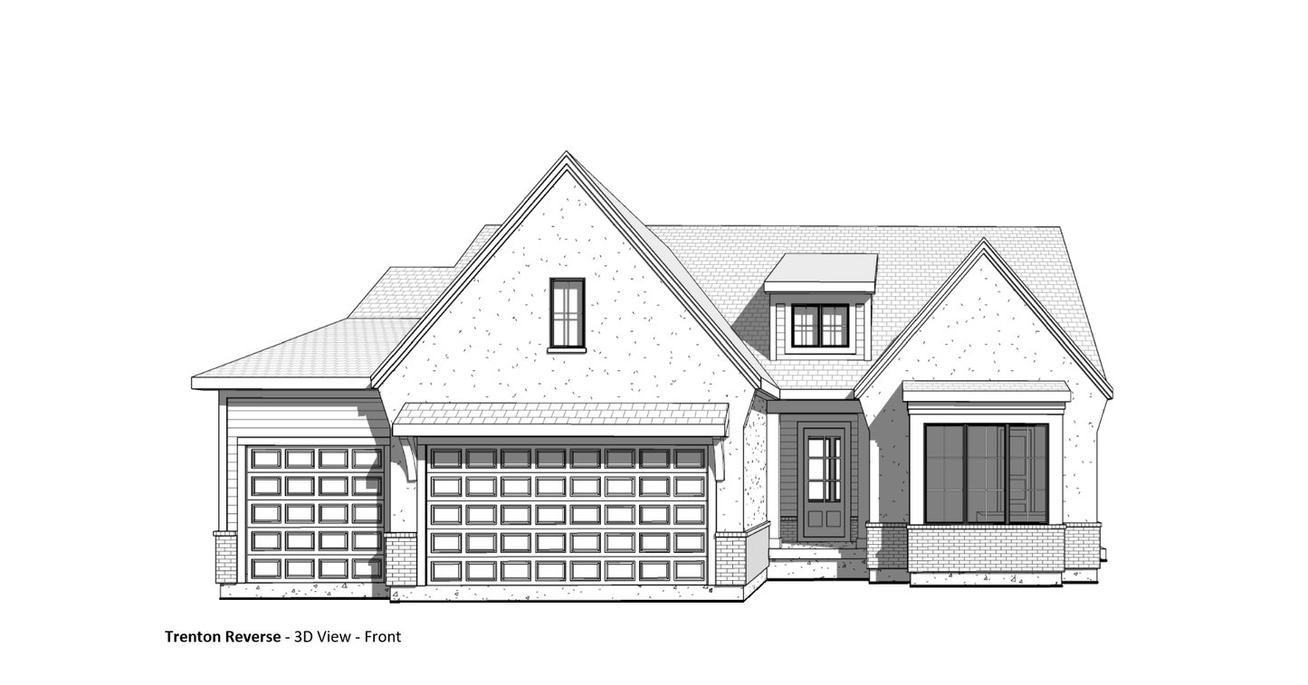 A 3D view of the front elevation of a house in black and white.