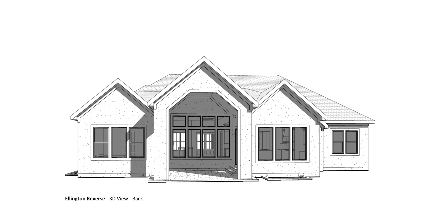 Illustration of a 3D view of the back of a custom home.