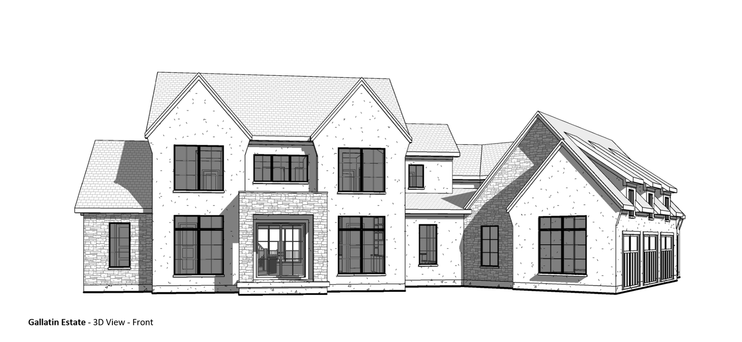 3D view of the front of a custom home in the French Country and European style of architecture.