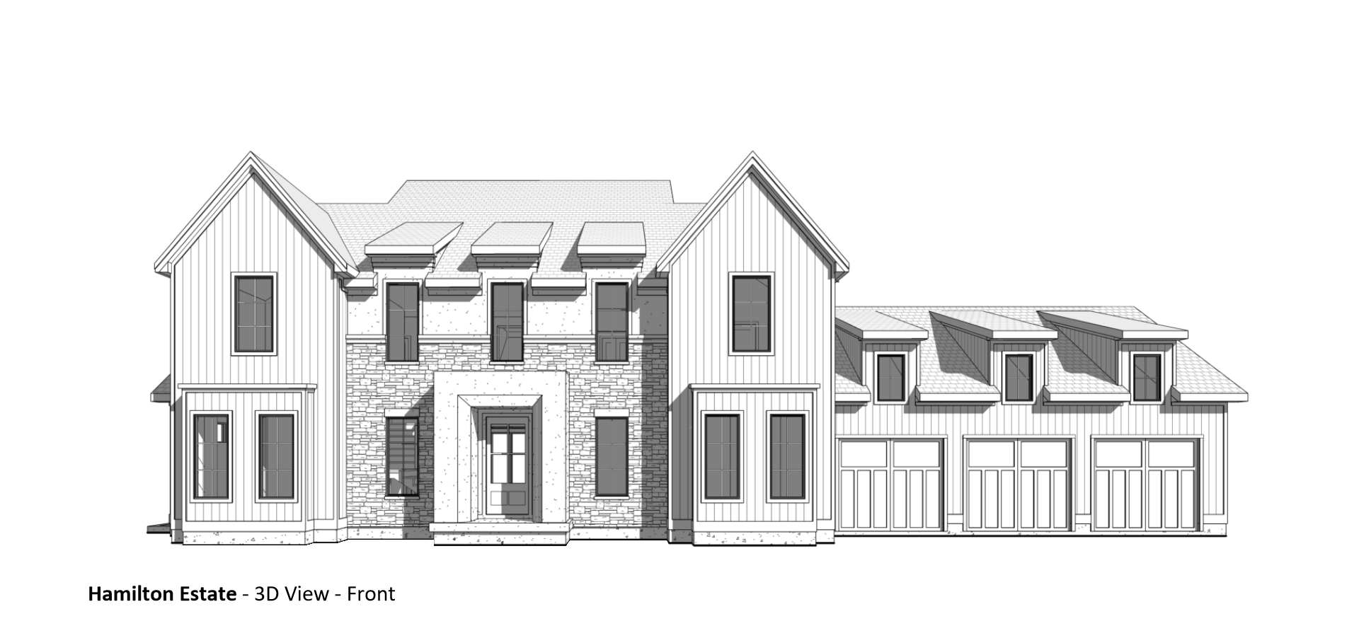3D view of the front of a custom home floor plan.