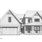 A 3D view of the front of a drawing of a house built in the farmhouse style of architecture.