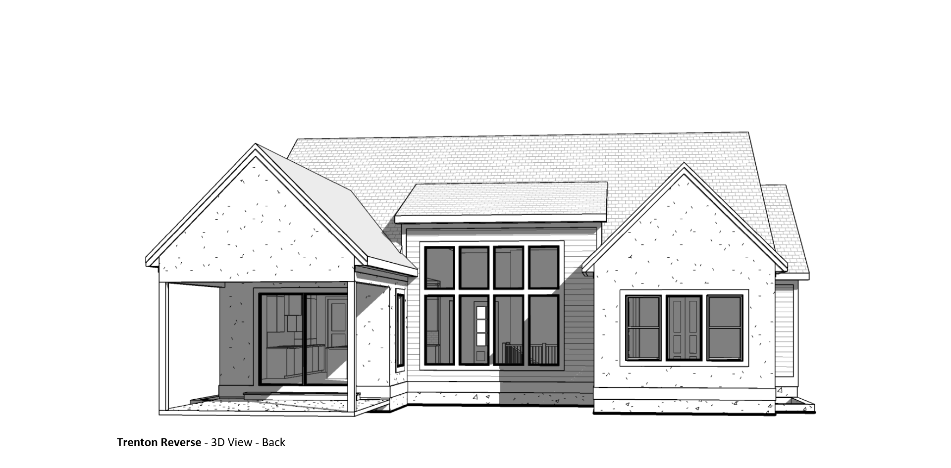 A 3D view of the back of a home with lots of windows.