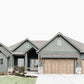 Front view of a craftsman style of architecture custom home with front lawn and landscaping.